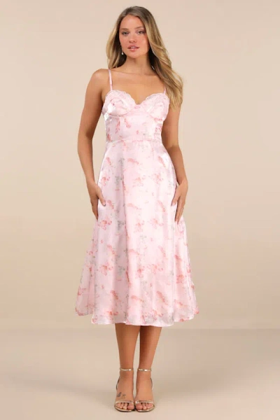 LULUS SELINI BLUSH PINK FLORAL SATIN BUSTIER BACKLESS MIDI DRESS