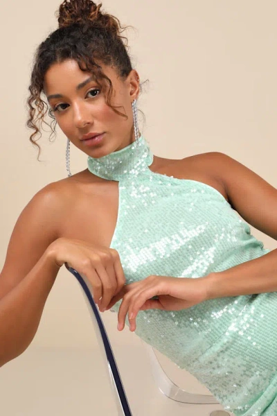 LULUS SENSATIONAL PURPOSE MINT SEQUIN HALTER TULIP MINI DRESS