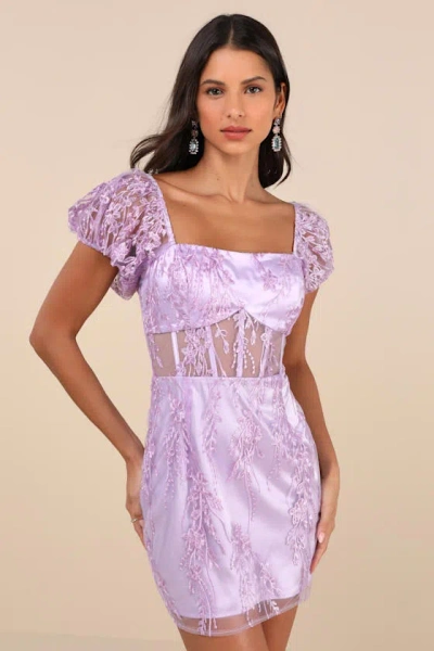 LULUS SERIOUSLY CUTE LAVENDER EMBROIDERED MESH PUFF SLEEVE MINI DRESS