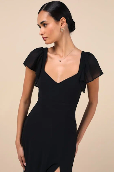 LULUS SIMPLY DELIGHTFUL BLACK TIE-BACK FLUTTER SLEEVE MAXI DRESS