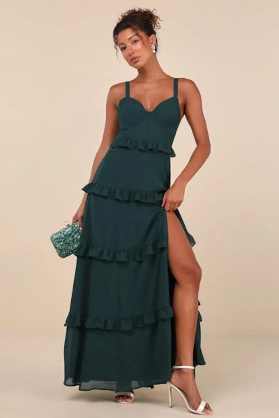 LULUS SINCERELY POISED EMERALD BACKLESS BUSTIER TIERED MAXI DRESS