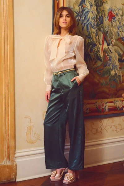LULUS SLEEK STATEMENT EMERALD GREEN SATIN HIGH RISE WIDE-LEG TROUSERS