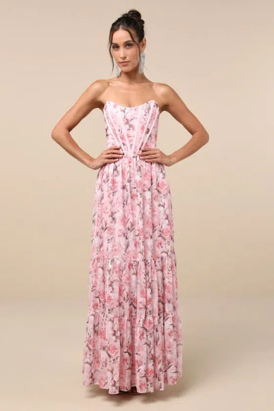 LULUS SPECIAL MOMENT PINK FLORAL STRAPLESS BUSTIER MAXI DRESS