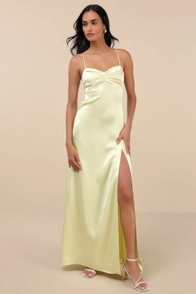 LULUS STUNNING EXAMPLE LIGHT YELLOW SATIN BACKLESS MAXI DRESS