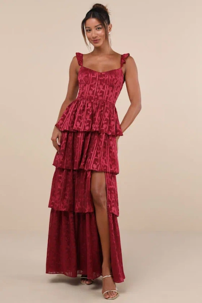 LULUS STUNNING GLORY WINE RED FLORAL JACQUARD TIERED MAXI DRESS