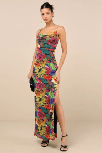 LULUS SUNNIVA BLACK MULTI PRINT MESH COWL MAXI DRESS