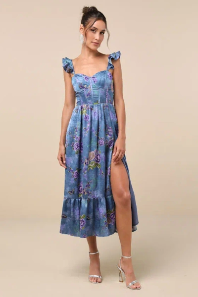 LULUS SWEET LIKE SANGRIA BLUE FLORAL RUFFLED BUSTIER MIDI DRESS
