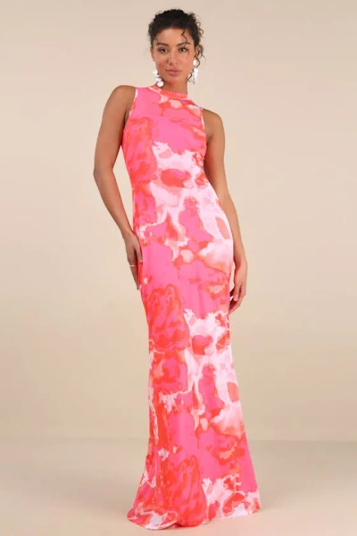 LULUS TELESTIA HOT PINK ABSTRACT MESH MERMAID MAXI DRESS