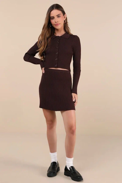 LULUS TOO PERFECT DARK BROWN COLLARED TWO-PIECE SWEATER MINI DRESS