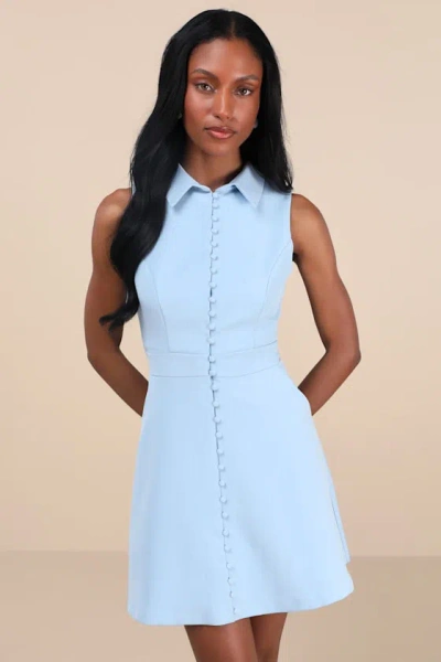 LULUS TOTALLY POISED BLUE PINSTRIPED COLLARED MINI DRESS WITH POCKETS