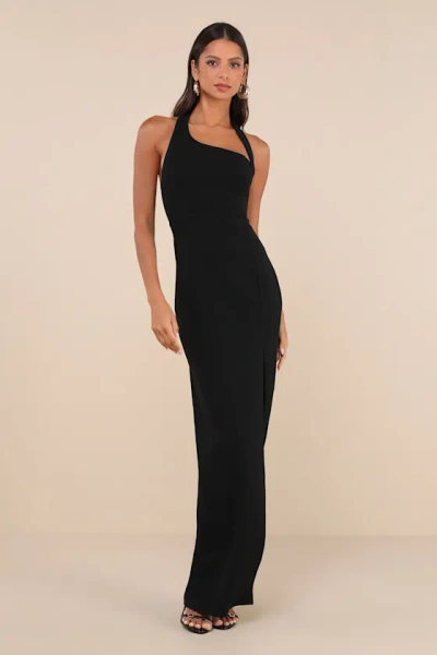 LULUS UNFORGETTABLE COMPOSURE BLACK ASYMMETRICAL HALTER MAXI DRESS