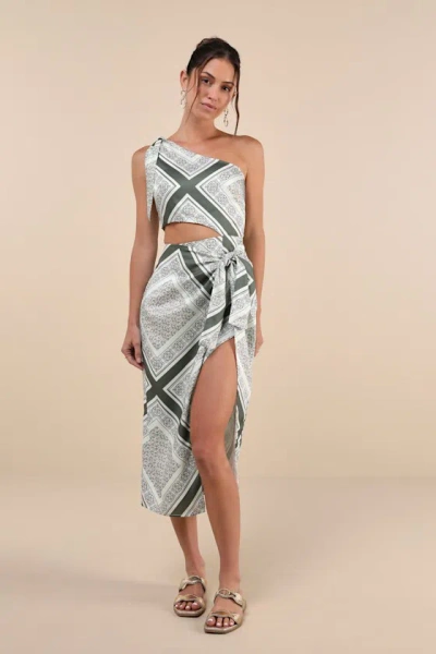 LULUS VACAY BEAUTY OLIVE SCARF PRINT ONE-SHOULDER TIE-STRAP MIDI DRESS