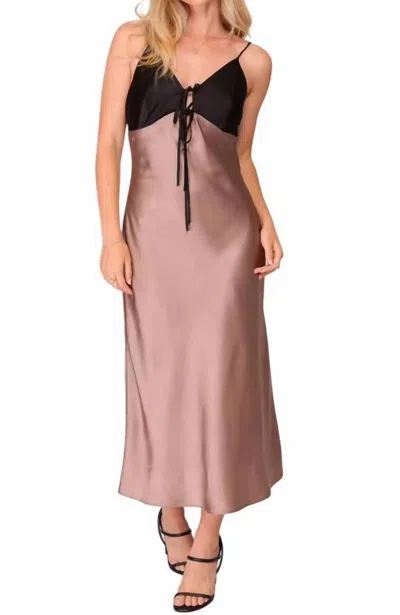 LUMIERE TWO-TONED SATIN DRESS WITH TIE FRONT IN BROWN/BLACK