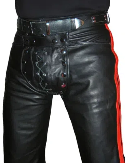 LUSTFASHION LEDERHOSE SCHWARZ ROT HOSE LEDERJEANS NEU COD PIECE LEATHER PANTS TROUSERS