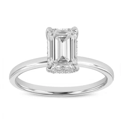 LUVMYJEWELRY EMPRESS 14K WHITE GOLD EMERALD CUT LAB GROWN DIAMOND HIDDEN HALO ENGAGEMENT RING - 1.6 CTW