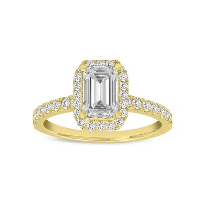 LUVMYJEWELRY IVEY 14K YELLOW GOLD EMERALD CUT LAB GROWN DIAMOND HALO ENGAGEMENT RING - 1.77 CTW