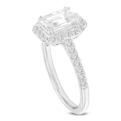 LUVMYJEWELRY VALORA 14K WHITE GOLD EMERALD CUT LAB GROWN DIAMOND HALO ENGAGEMENT RING - 1.95 CTW