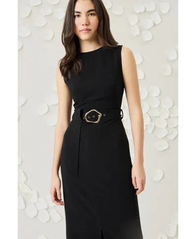 LUXELY WOMEN'S BELTED BOAT-NECK SLEEVELESS MIDI DRESS