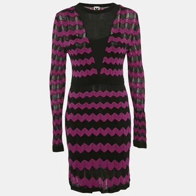 M MISSONI PINK/BLACK CHEVRON PATTERN KNIT LONG SLEEVE DRESS M