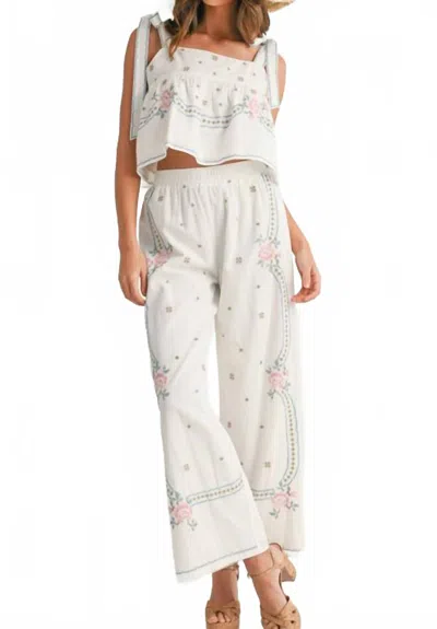 MABLE EMBROIDERED TIE STRAP TOP & PANTS SET OF 2 IN OFF-WHITE