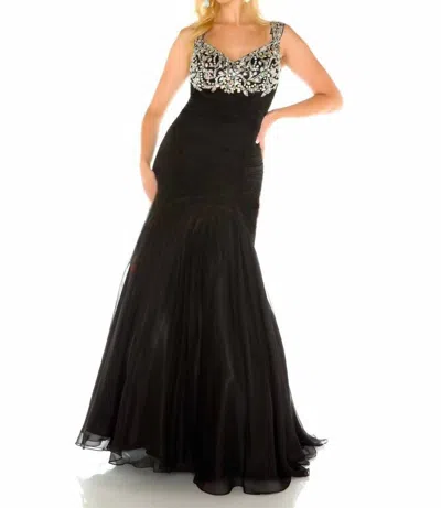 MAC DUGGAL BEADED RUCHED BODICE MERMAID GOWN IN BLACK/SILVER