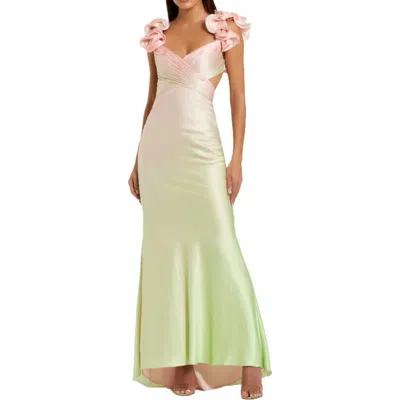 MAC DUGGAL MAC DUGGAL CHARMEUSE OMBRE GOWN WITH RUFFLE STRAPS AND CROSSOVER BODICE