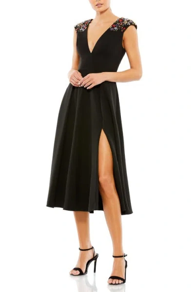 MAC DUGGAL MAC DUGGAL CHIC V NECK FLORAL BEADED SHOULDER MIDI DRESS