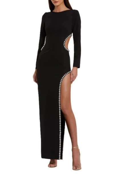 MAC DUGGAL MAC DUGGAL CREPE LONG SLEEVE GOWN WITH BEADED CUT OUTS