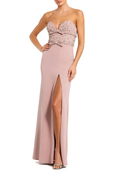 MAC DUGGAL MAC DUGGAL STRAPLESS SWEETHEART CREPE GOWN WITH EMBELLISHED BODICE, BOW DETAIL & THIGH-HIGH SLIT