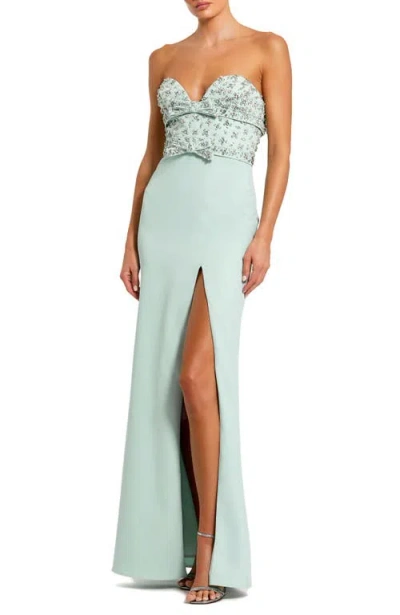 MAC DUGGAL MAC DUGGAL STRAPLESS SWEETHEART CREPE GOWN WITH EMBELLISHED BODICE, BOW DETAIL & THIGH-HIGH SLIT