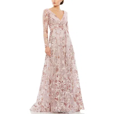 MAC DUGGAL MAC DUGGAL EMBELLISHED V NECK ILLUSION LONG SLEEVE A LINE GOWN