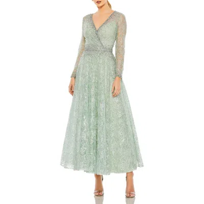 MAC DUGGAL MAC DUGGAL EMBELLISHED WRAP OVER LONG SLEEVE MIDI DRESS