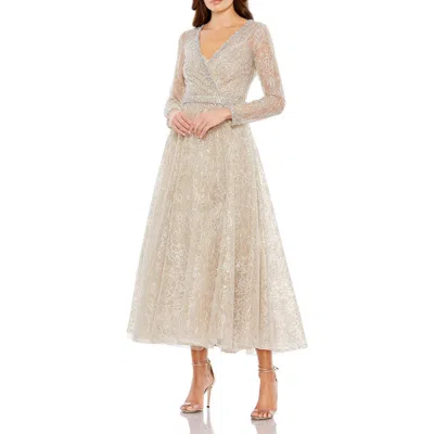 MAC DUGGAL MAC DUGGAL EMBELLISHED WRAP OVER LONG SLEEVE MIDI DRESS