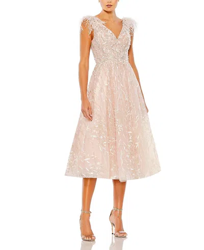 MAC DUGGAL EMBROIDERED SLEEVELESS FEATHER DETAIL MIDI DRESS