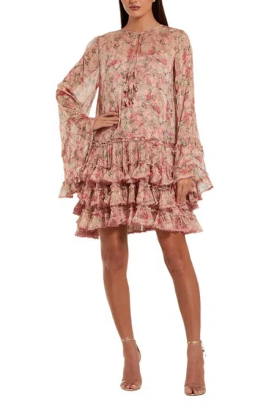 MAC DUGGAL FLORAL LONG SLEEVE RUFFLE VISCOSE MINI DRESS