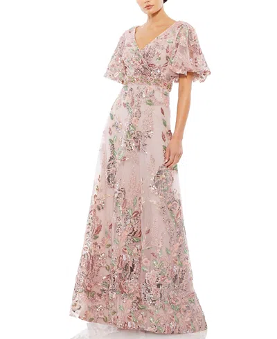 MAC DUGGAL FLORAL EMBELLISHED SHORT SLEEVE GOWN