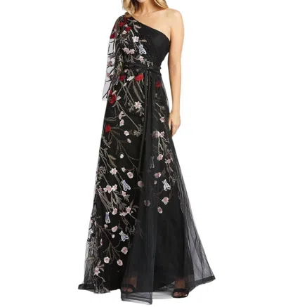 MAC DUGGAL FLORAL EMBROIDERY EMBELLISHMENT TULLE GOWN IN BLACK