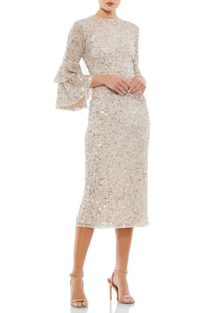 MAC DUGGAL MAC DUGGAL FULLY SEQUINED RUFFLE TIERED 3/4 SLEEVE MIDI DRESS