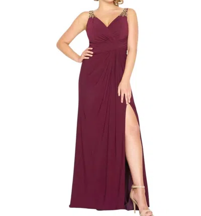MAC DUGGAL GRECIAN-INSPIRED SLEEVELESS JERSEY PROM DRESS - PLUS IN BURGUNDY