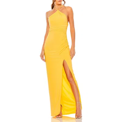 MAC DUGGAL MAC DUGGAL HALTER NECK RUCHED SIDE FRONT SLIT GOWN