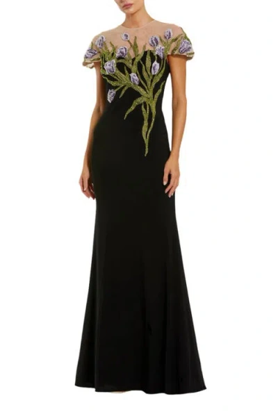 MAC DUGGAL JERSEY FLORAL EMBROIDERED ILLUSION NECK GOWN
