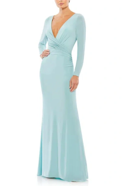 MAC DUGGAL MAC DUGGAL LONG SLEEVE RUCHED JERSEY V-NECK GOWN