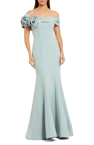 MAC DUGGAL 3D FLORAL CREPE OFF THE SHOULDER GOWN
