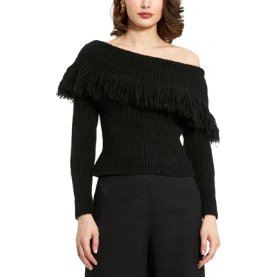 MAC DUGGAL MAC DUGGAL OFF THE SHOULDER LONG SLEEVE FRINGE KNIT SWEATER