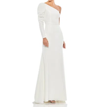 MAC DUGGAL ONE-SHOULDER GOWN WITH DRAMATIC PUFF SLEEVE AND THIGH-HIGH SLIT IN WHITE