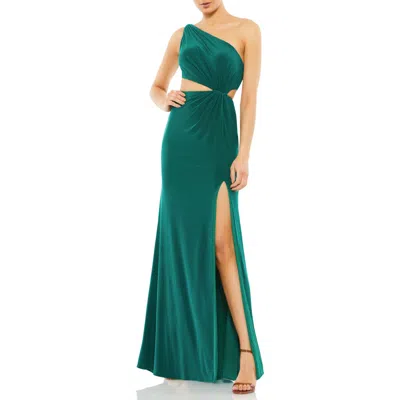 MAC DUGGAL MAC DUGGAL ONE-SHOULDER JERSEY GOWN WITH SIDE CUTOUTS & THIGH-HIGH SLIT