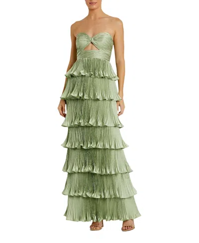 MAC DUGGAL PLEATED CHARMEUSE STRAPLESS TIERED RUFFLE GOWN