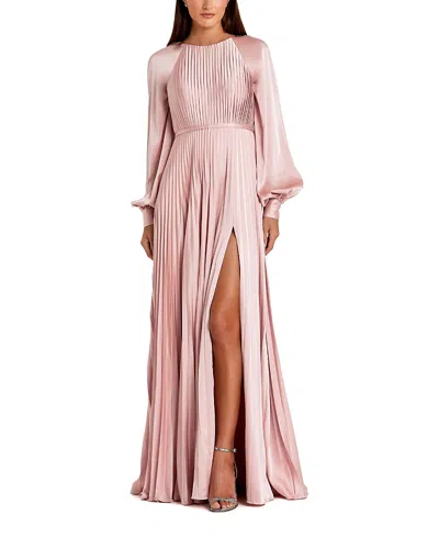 MAC DUGGAL PLEATED HIGH NECK RAGLAN LONG SLEEVE SIDE SLIT GOWN