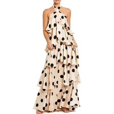 MAC DUGGAL MAC DUGGAL POLKA DOT CHARMEUSE HALTER TIERED RUFFLE GOWN
