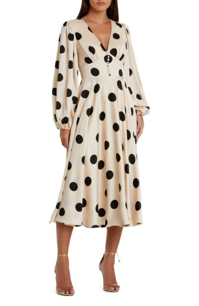 MAC DUGGAL MAC DUGGAL POLKA DOT CHARMEUSE LONG SLEEVE V NECK MIDI DRESS